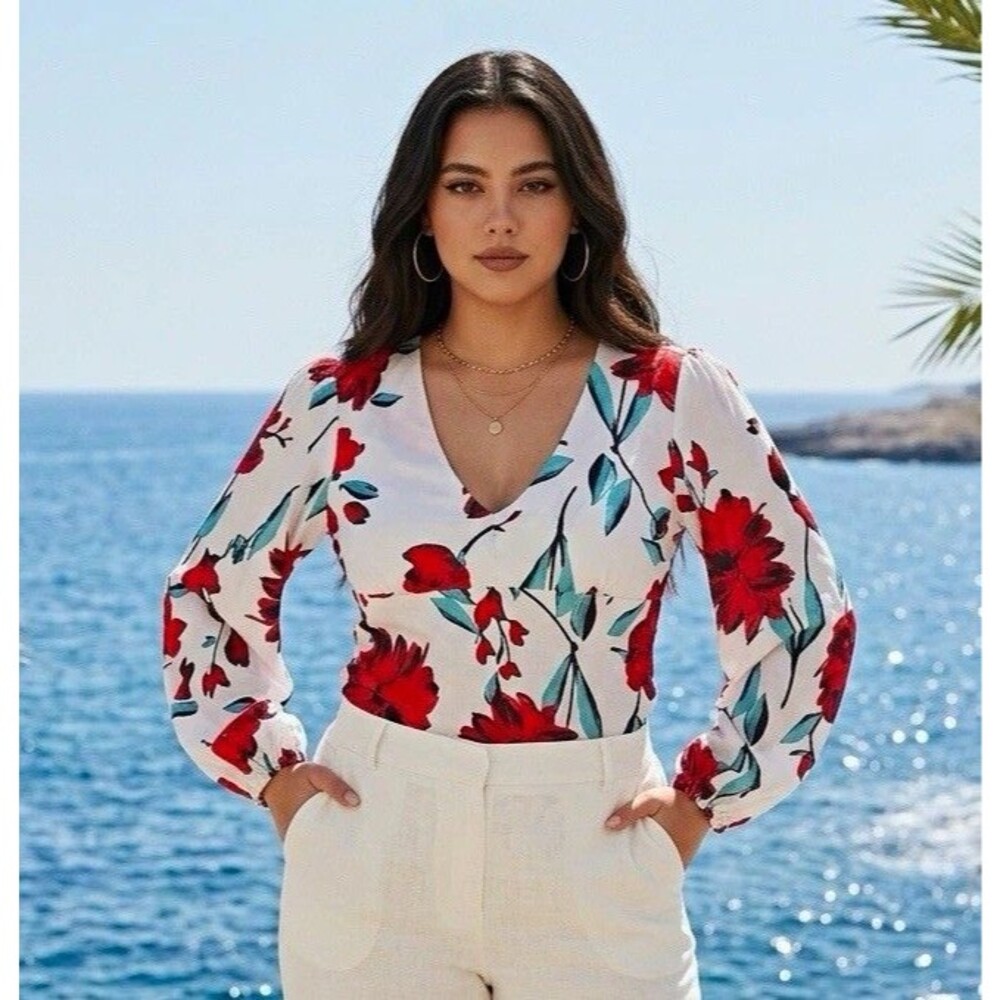 CBR White Red Blue Floral Woven V-Neck Puff Long Sleeve Zip Back Blouse S